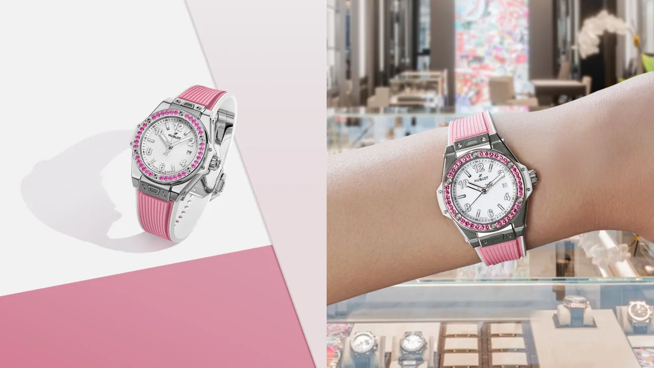 Hublot Big Bang One Click悅彩特調系列,33mm,緞面拋光精鋼錶殼,錶圈鑲嵌 36顆粉紅藍寶石,亮白錶盤,橡膠錶帶,MHUB1120自動上鍊機芯,動力儲存約40小時,防水深度100米,43萬8000元。品牌提供