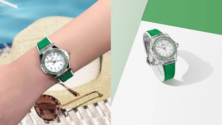 Hublot Big Bang One Click悅彩特調系列，33mm，緞面拋光精鋼錶殼，錶圈鑲嵌 36顆沙弗萊石，亮白錶盤，橡膠錶帶，MHUB1120自動上鍊機芯，動力儲存約40小時，防水深度100米，43萬8000元。品牌提供