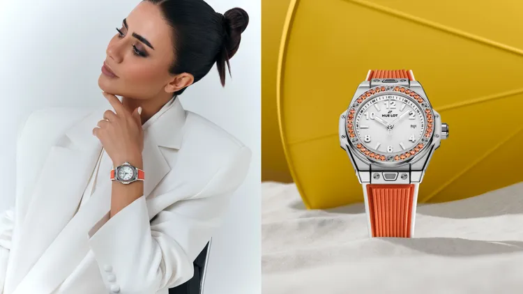Hublot Big Bang One Click悅彩特調系列，33mm，緞面拋光精鋼錶殼，錶圈鑲嵌36顆橘色藍寶石，亮白錶盤，橡膠錶帶，MHUB1120自動上鍊機芯，動力儲存約40小時，防水深度100米，43萬8000元。品牌提供