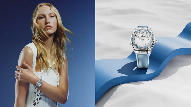 Hublot Big Bang One Click悅彩特調系列，33mm，緞面拋光精鋼錶殼，錶圈鑲嵌 36顆藍色托帕石，亮白錶盤，橡膠錶帶，MHUB1120自動上鍊機芯，動力儲存約40小時，防水深度100米，43萬8000元。品牌提供