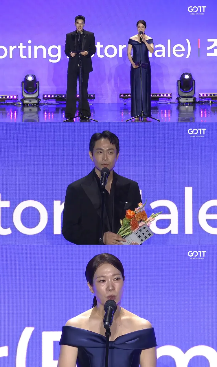 曾敬驊（上圖左）與廉惠蘭一起頒男女配角獎，由《健將聯盟》吳正世及《苦盡柑來遇見你》廉惠蘭拿下。翻攝YouTube