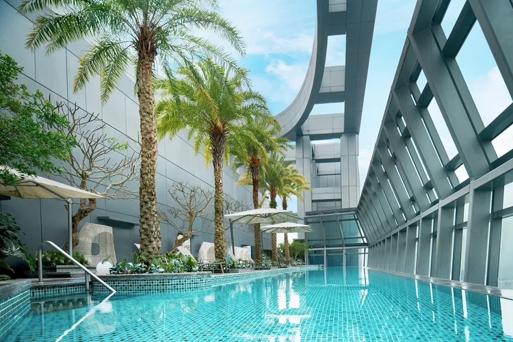 酒店頂樓設有高空無邊際泳池，四周綠意棕梠樹環繞，提供讓大人放鬆、小孩放電的輕奢旅宿時光。新板希爾頓酒店提供