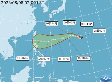 中央氣象署預測「楊柳」颱風朝西移動，預測走向巴士海峽。