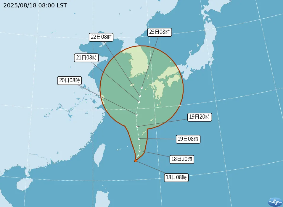 台风「玲玲」预计将一路北移、往琉球方向移动。中央气象署