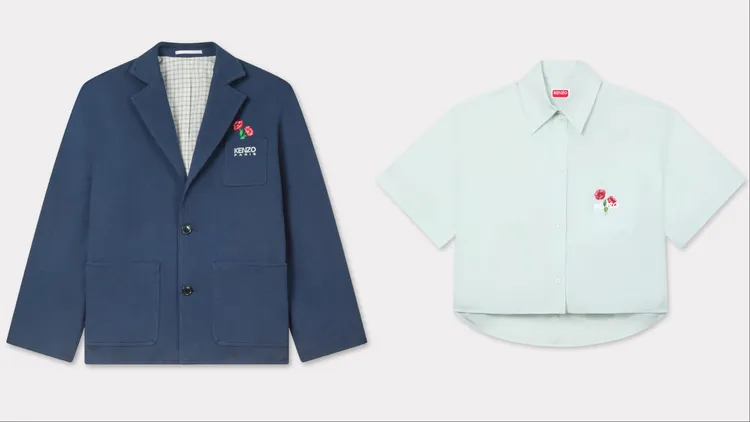 KENZO花語寄意星夜藍工裝外套（左）3萬1300元、花語寄意青綠色短版短袖襯衫（右）1萬4300元。品牌提供