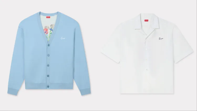 KENZO花語寄意冰川藍針織開襟衫（左）2萬3800元、花語寄意白色夏威夷襯衫（右）1萬6800元。品牌提供