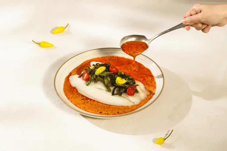 行政副主廚王康以「皇椰冬蔭酸辣魚」泰式冬蔭功遇上客家皇帝菜。業者提供