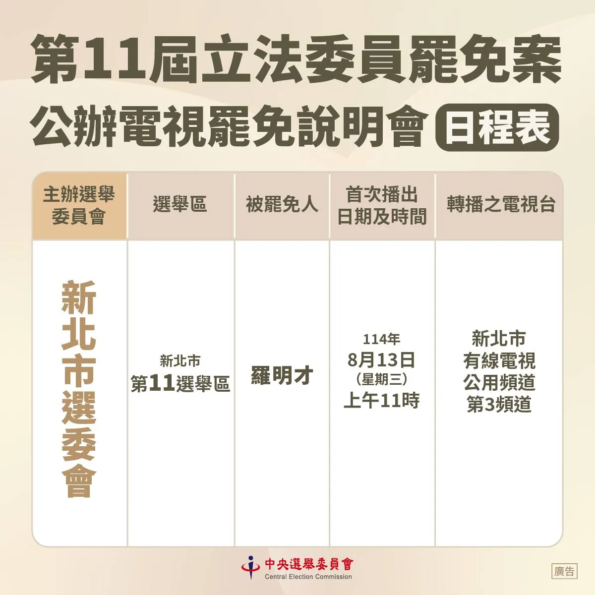 新北市第11選區立委羅明才,13日上午11點在新北市有線電視公用頻道第3頻道播出。取自中選會