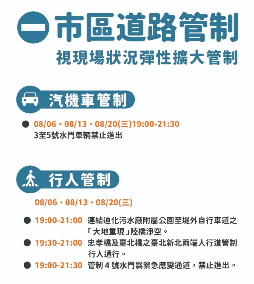 大稻埕碼頭水門、堤外道路及周邊市區道路進行交通管制。截自2025大稻埕夏日節官網