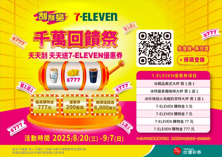 回饋祭限量200萬張，還有機會抽中7-ELEVEN購物金777元。台灣彩券公司提供