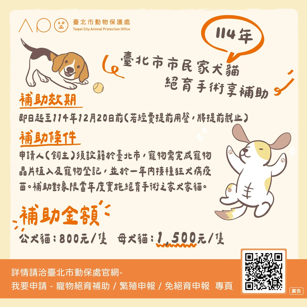 動保處今發3000則簡訊,提醒飼主申請狗貓絕育補助。台北市動保處提供