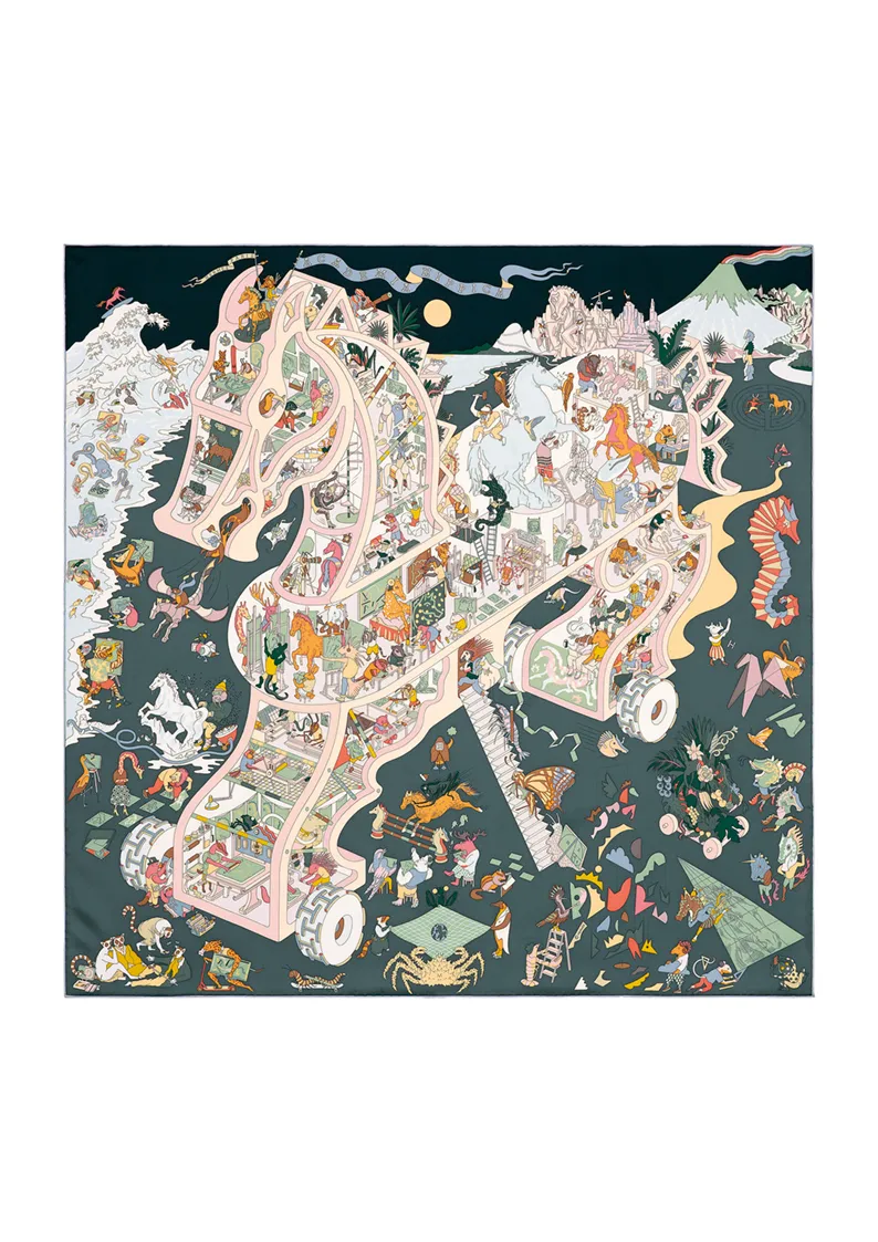 Academia Hippica圖紋印花斜紋真絲方巾(90 x 90 公分) ,2萬600元。品牌提供