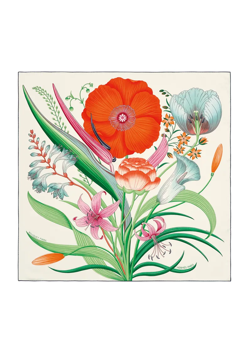 Bouquet final圖紋印花 斜紋真絲方(90 x 90 公分) ,2萬600元。品牌提供