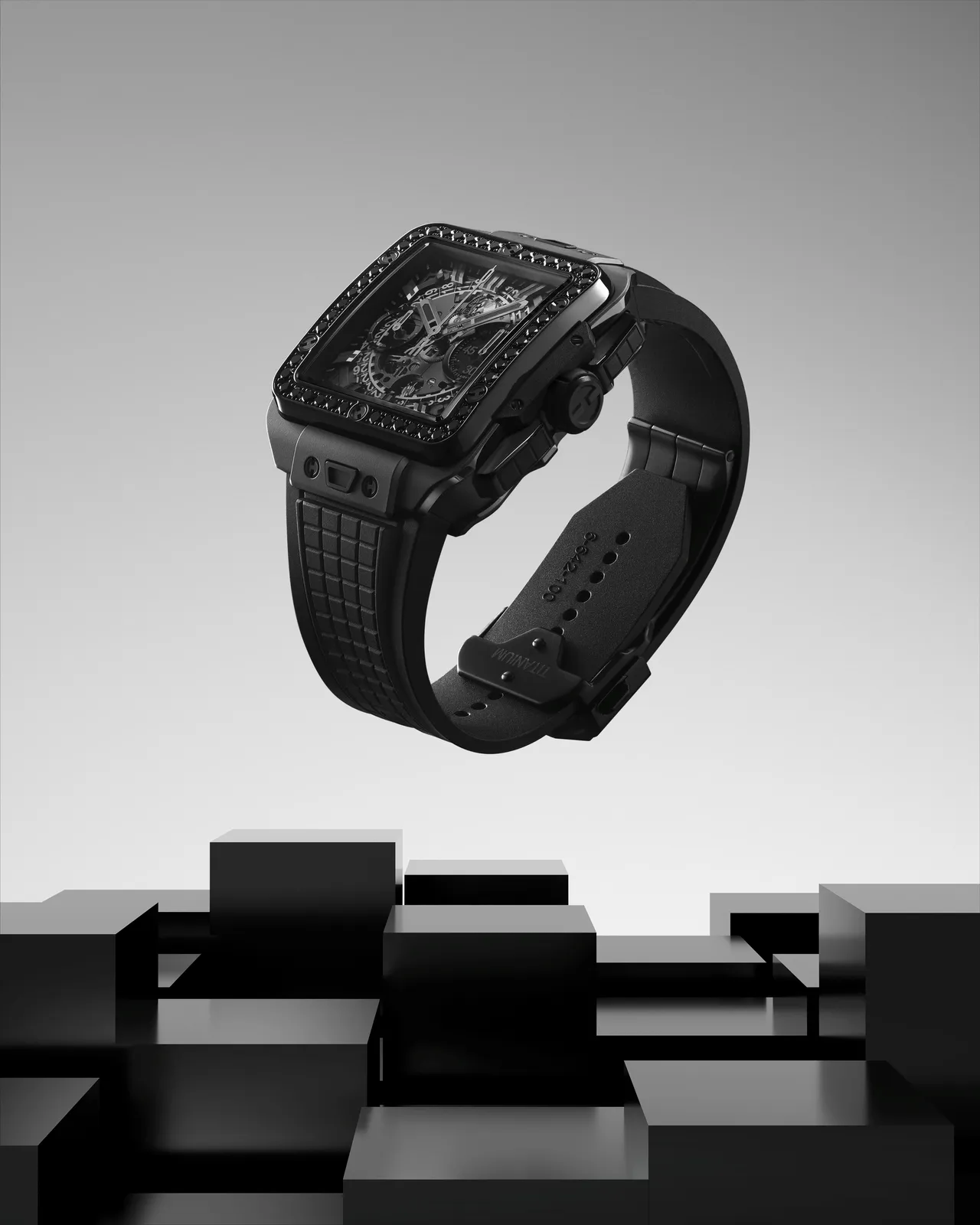 Hublot Square Bang Unico極致黑計時鑽錶,42mm,微噴砂及拋光黑陶瓷錶殼,藍寶石水晶錶盤,黑色方形刻紋橡膠錶帶,UNICO自動上鍊飛返計時機芯,動力儲存72小時,防水深度100米,103萬1000元。品牌提供