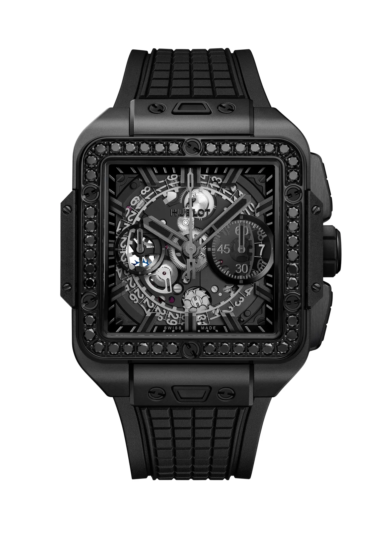 Hublot Square Bang Unico極致黑計時鑽錶,42mm,微噴砂及拋光黑陶瓷錶殼,藍寶石水晶錶盤,黑色方形刻紋橡膠錶帶,UNICO自動上鍊飛返計時機芯,動力儲存72小時,防水深度100米,103萬1000元。品牌提供