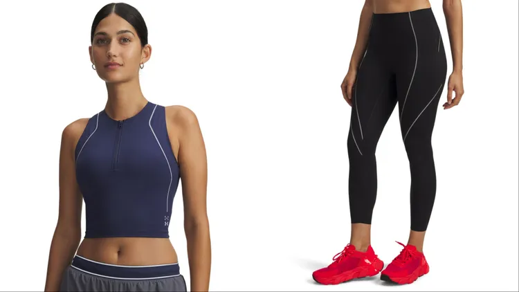UNDER ARMOUR女款Halo跑步背心（左）2280元、女款Halo Bonded緊身長褲（右）3980元。品牌提供