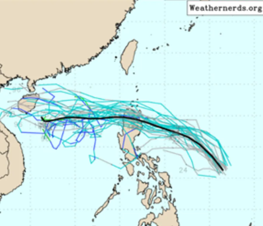 最新(20日20時)美國系集模式(GEFS)顯示,菲律賓東方海面的「熱帶擾動」,朝西北西至偏西進行,系集平均路徑通過呂宋島。圖擷自weathernerds