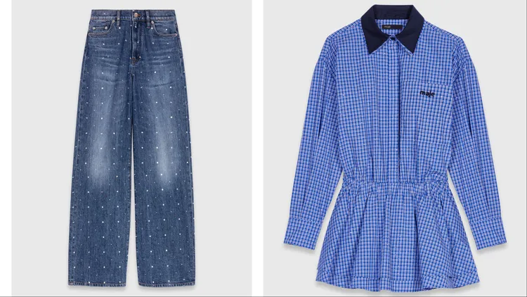 丹寧褲、襯衫裙的鉚釘、水鑽裝飾延續Maje過往的優雅細節。品牌提供