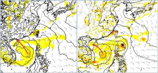 南海「熱帶擾動」有成颱機率，即使成颱，歐洲模式(ECMWF)模擬為偏西北往海南島方向進行(左圖)，美國模式(GFS)模擬的路徑又更往西偏(右圖)。圖擷自tropial tidbits
