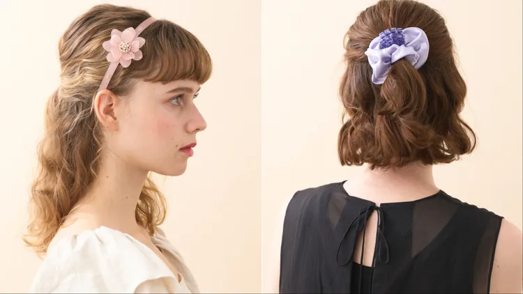 亞歷山卓晶蕊鏡花髮箍（左）9900元、立方晶釦荷葉髮束（右）1萬2800元。品牌提供