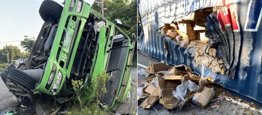 搞得滿是「梅味」! 苗栗男恍神曳引車自撞分隔島 「這東西」灑了一地