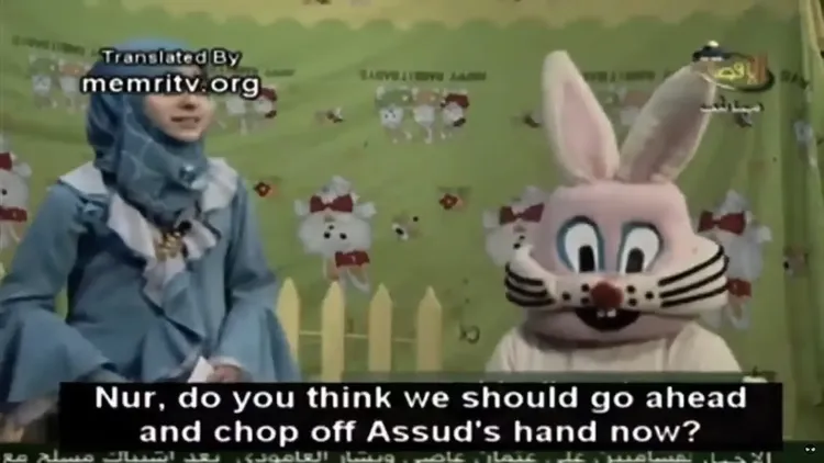 兔八哥（右）宣稱「兔子是懦夫的代名詞，而我將消滅猶太人並吃掉他們」。翻攝畫面