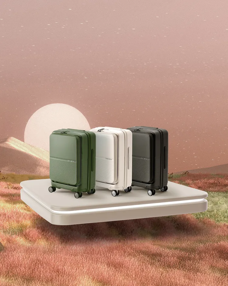 Samsonite FLATFORM上掀式可擴充行李箱20吋／1萬900元、28吋／1萬3900元。品牌提供