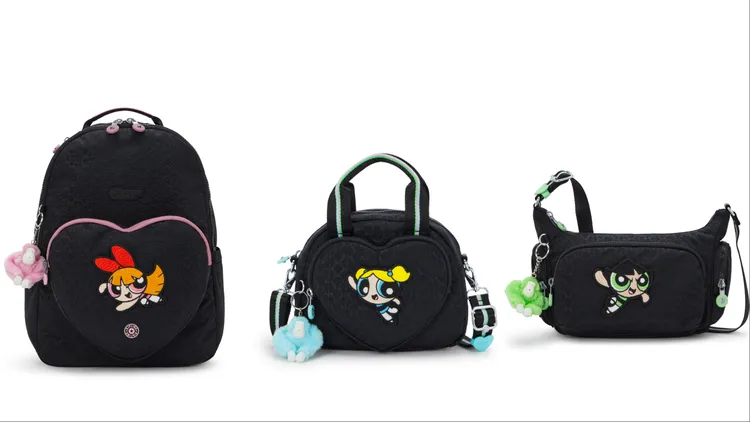 Kipling x 飛天小女警聯名系列花花首爾包（左起）5680元、泡泡手提肩背兩用包4080元、毛毛牛角包4480元。品牌提供