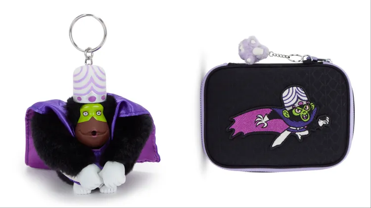 Kipling x 飛天小女警聯名系列魔人啾啾造型猴子吊飾（左）1580元、魔人啾啾多夾層收納包（右）2880元。品牌提供