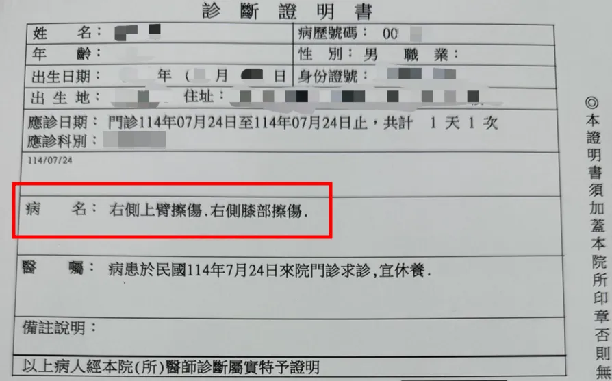 民众不满骑乘YouBike摔伤,却因为伤势不够重,无法申请理赔,让他气喊「原来摔得不够重伤」。投诉民众提供
