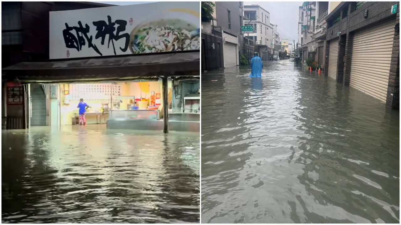 台南2日多處淹水,阿堂鹹粥門前也淪陷。讀者提供