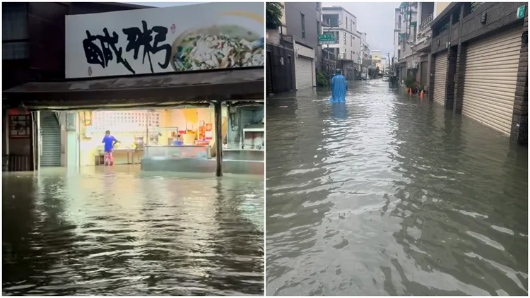 台南2日多處淹水，阿堂鹹粥門前也淪陷。讀者提供
