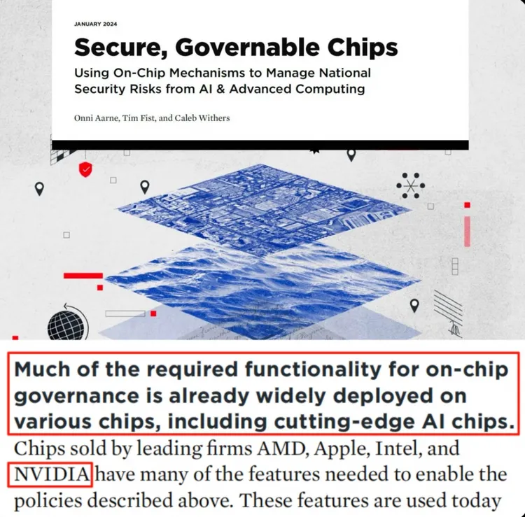 央視稱，根據資安報告分析，輝達等晶片已被安裝「片上治理機制」，只是還沒啟動而已。翻攝央視網