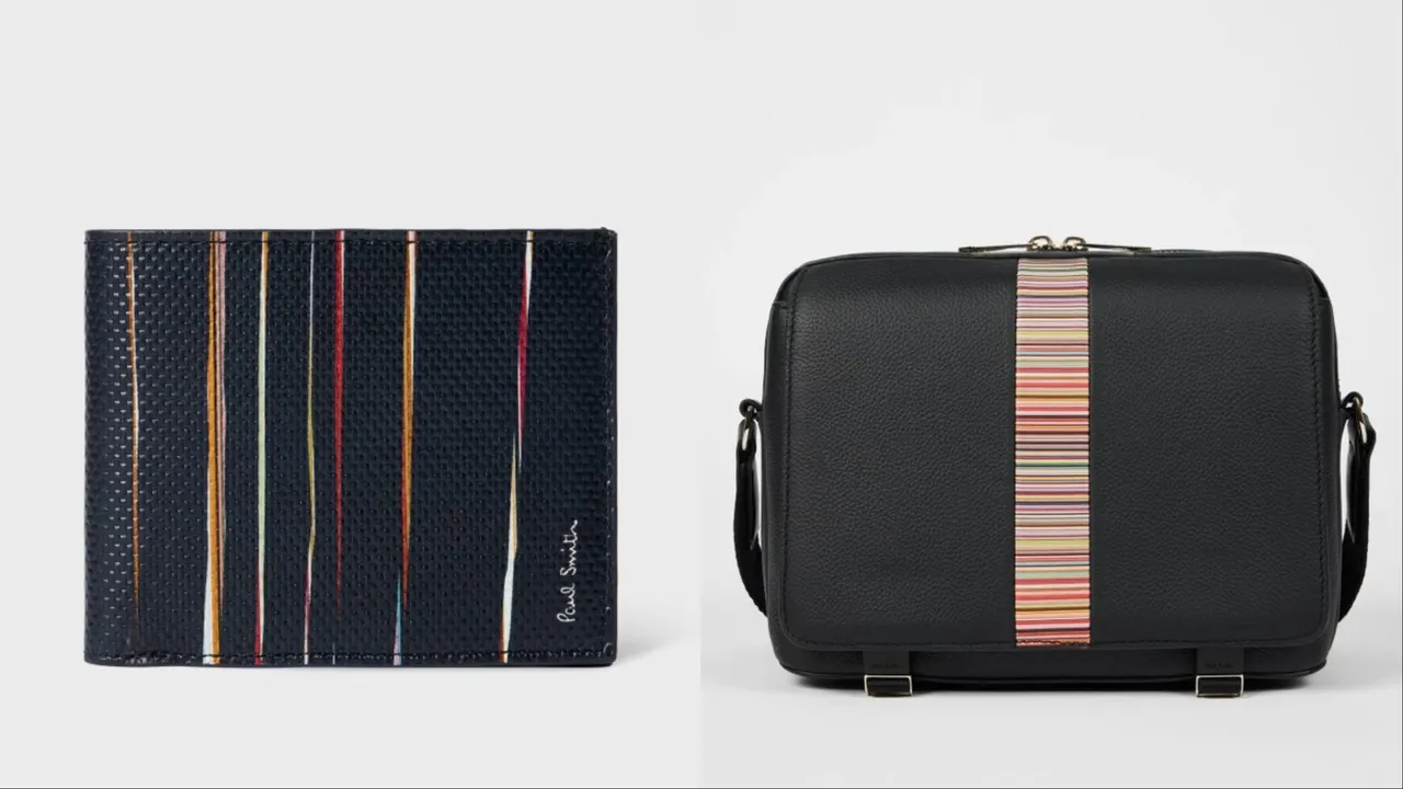 Paul Smith黑色饰彩条皮夹(左)1万2800元、黑色饰彩条侧背包(右)2万5800元。品牌提供