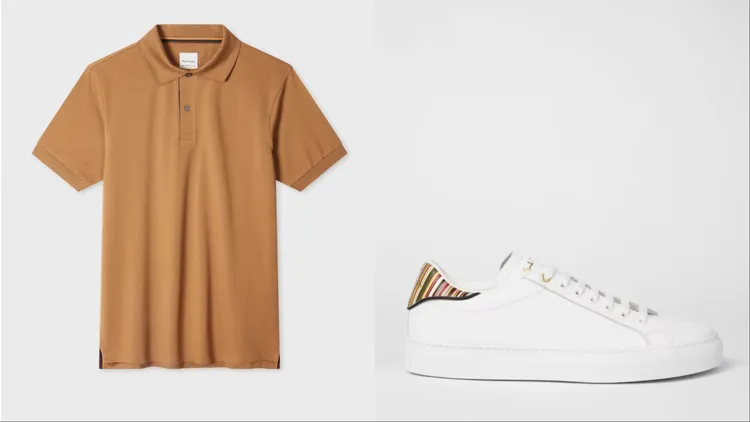 Paul Smith焦搪色飾彩條POLO衫（左）9800元、白色飾彩條休閒鞋（右）1萬9800元。品牌提供
