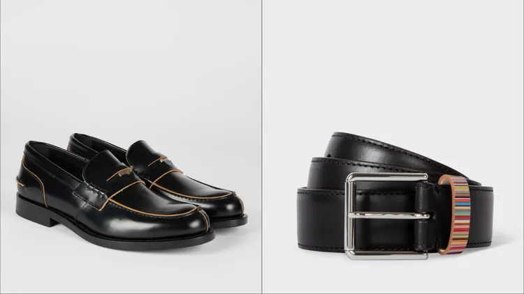 Paul Smith黑色皮鞋（左）2萬6800元、黑色飾彩條皮帶（右）8500元。品牌提供