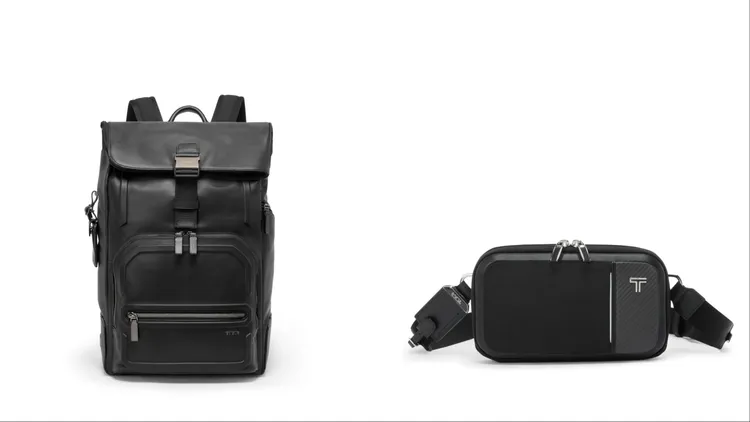 TUMI Harrison系列Osborn捲頂後背包黑色皮革款（左）3萬5300元、Arrive系列 Messina單肩背包（右）1萬9800元。品牌提供