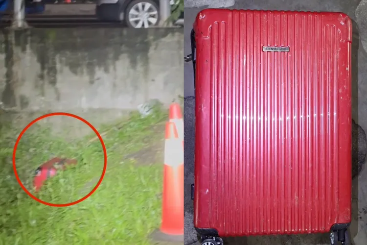 新莊新泰路381巷底一處小公園旁水溝發現一只紅色行李箱，隱藏於雜草內飄散惡臭，警方前天深夜打開箱內驚見一具死亡多日男屍。翻攝畫面