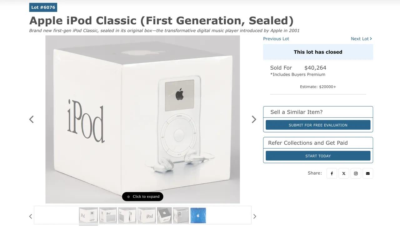 美國RR Auction於「Steve Jobs and the Apple Revolution」主題拍賣中,成功以4萬0264美元售出此封存iPod,創下歷史新高價。翻攝RR Auction網站