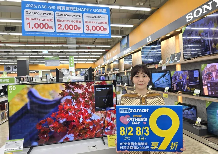 愛買祭出超強優惠買店滿5000現折500元，至8/19週週滿額再送500元，單筆消費滿指定金額再送Happy Go 點數。業者提供