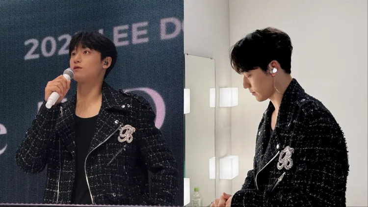 李到晛以BALMAIN粗花呢機車外套帥氣亮相見面會。翻攝ldh_staff IG