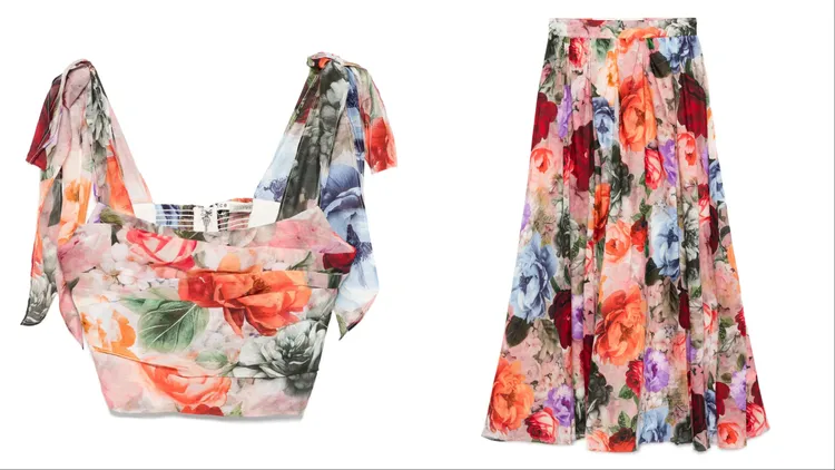 alice + olivia HAVEN細肩帶背心上衣（左）1萬4900元、NILDA印花長裙（右）2萬9900元。品牌提供