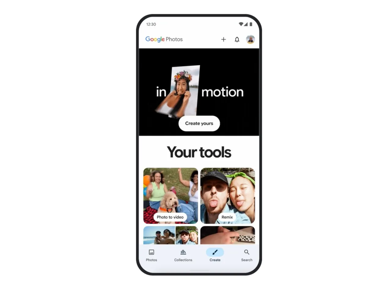 在「Your tools」工具区中,Google相簿集结多项创作工具,包括快速生成GIF动画的「动画」、加入3D视觉特效的「动态照片(Cinematic photos)」、可自订版面的「拼贴(Collage)」,以及结合音乐与照片自动制作的「精选影片(Highlight videos)」,还有正在陆续开放的「Remix」功能,能将照片转换为动漫风等不同风格,让静态画面也能充满创意与动感。Google官网