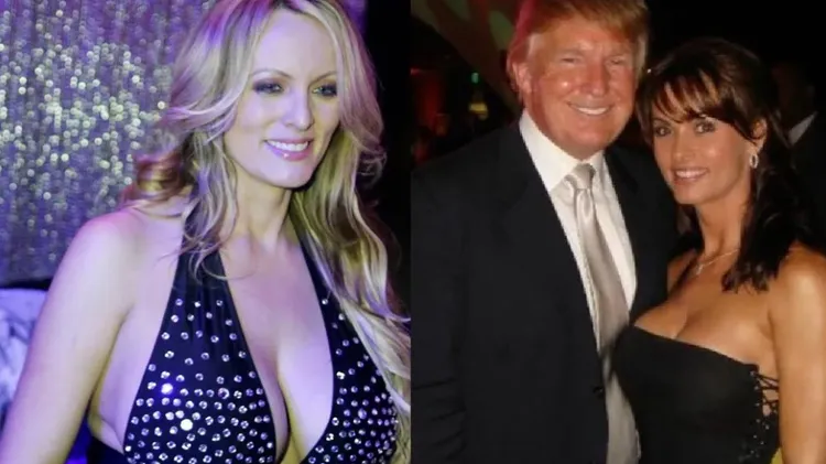 美國總統川普（中）曾面臨34項偽造商業紀錄的重罪，源自3件封口費案。包括，「花花公子」（Playboy）前玩伴女郎麥道高（右一、翻攝twitter@ Karen McDougal）、成人片女星「暴風女丹尼爾斯」（左一、路透社），以及川普大樓的門房。合成畫面