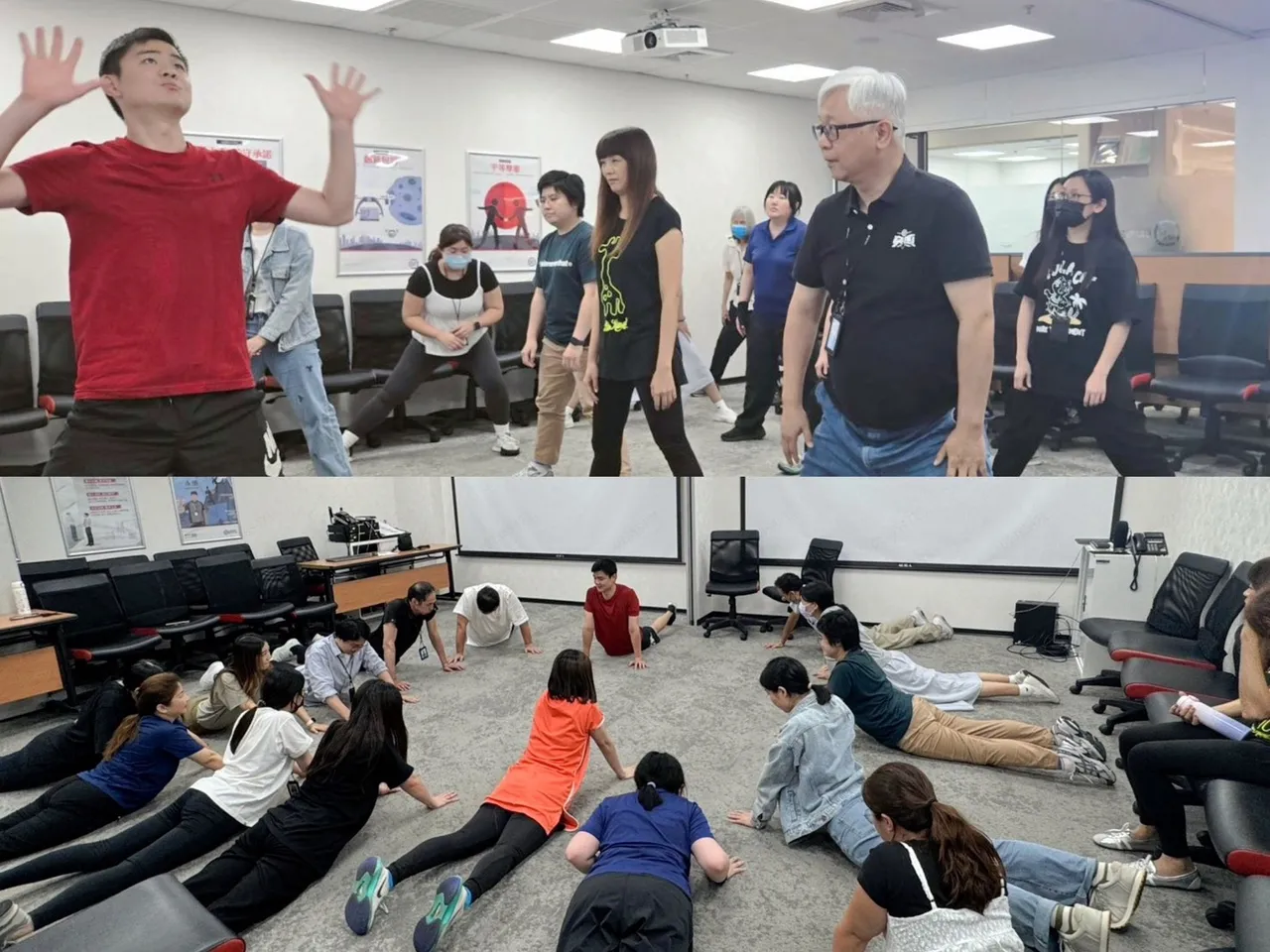 台灣順豐推動健康促進計畫,總經理潘逸俊(上右1)與員工一起健身。台灣順豐提供