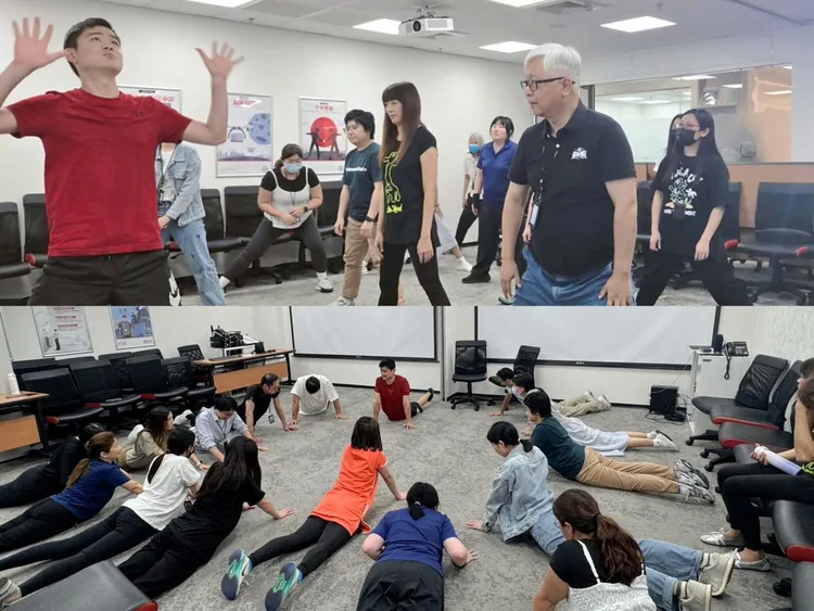 台灣順豐推動健康促進計畫，總經理潘逸俊（上右1）與員工一起健身。台灣順豐提供