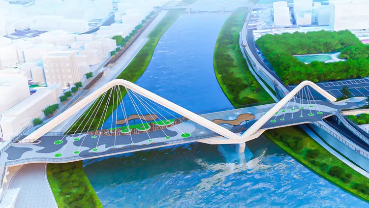 新長福橋願景以鳶山為發想，猶如老鷹展翅翱翔三峽河。水利局提供