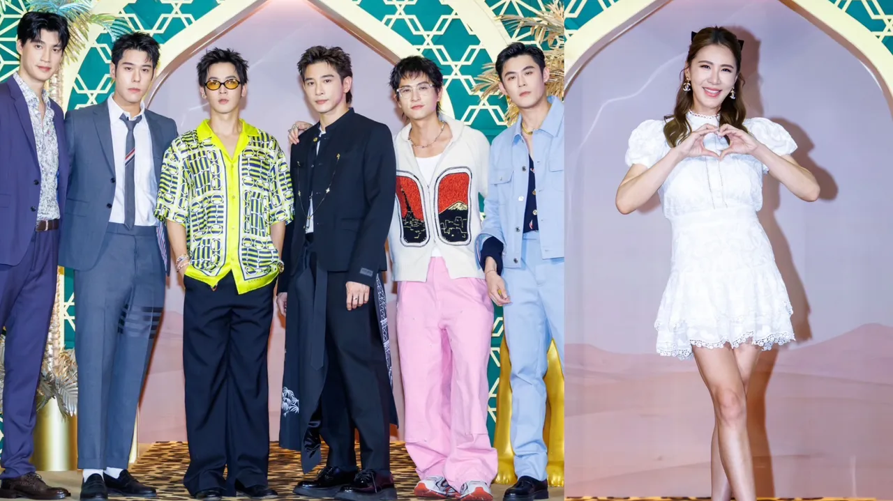 戲劇《男公館》中的6位男神(左圖)、小禎(右)現身微風之夜。微風提供