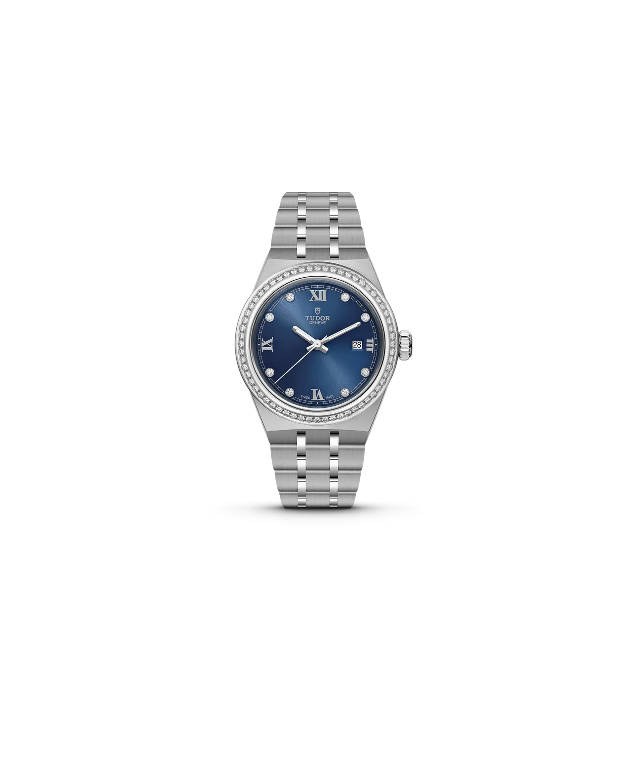 TUDOR Royal特別版腕錶,28mm,316L不鏽鋼或316L不鏽鋼及黃金錶殼,藍色錶面,316L不鏽鋼或316L不鏽鋼及黃金五鏈節一體式錶帶,T201型自動上鍊機械機芯,動力儲存38小時,防水深度100米。品牌提供