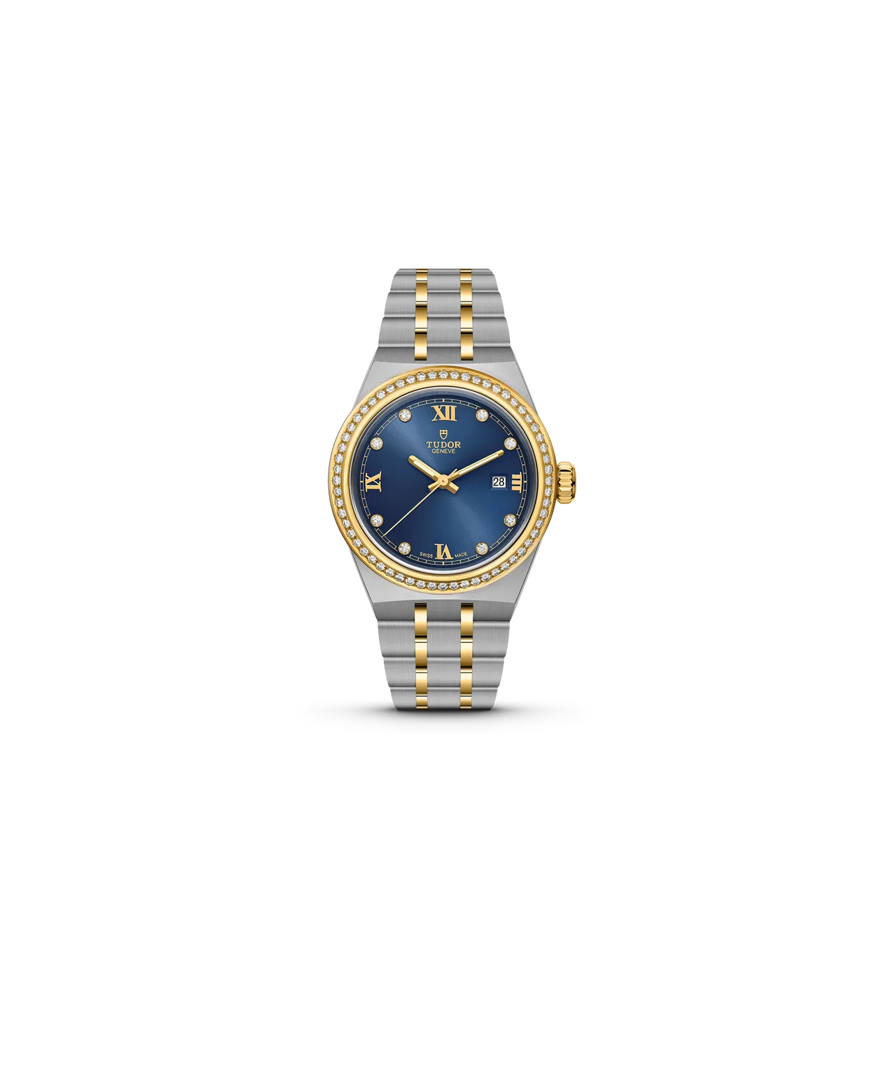 TUDOR Royal特別版腕錶,28mm,316L不鏽鋼或316L不鏽鋼及黃金錶殼,藍色錶面,316L不鏽鋼或316L不鏽鋼及黃金五鏈節一體式錶帶,T201型自動上鍊機械機芯,動力儲存38小時,防水深度100米。品牌提供